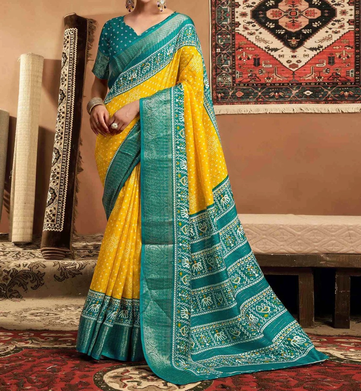 Yellow Silk Printed Bandhani Saree